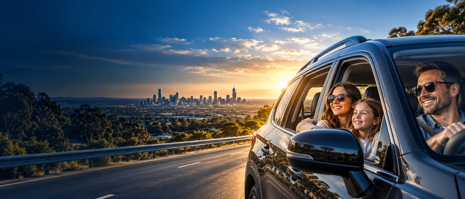 Family driving a rental SUV on a Melbourne highway at sunset